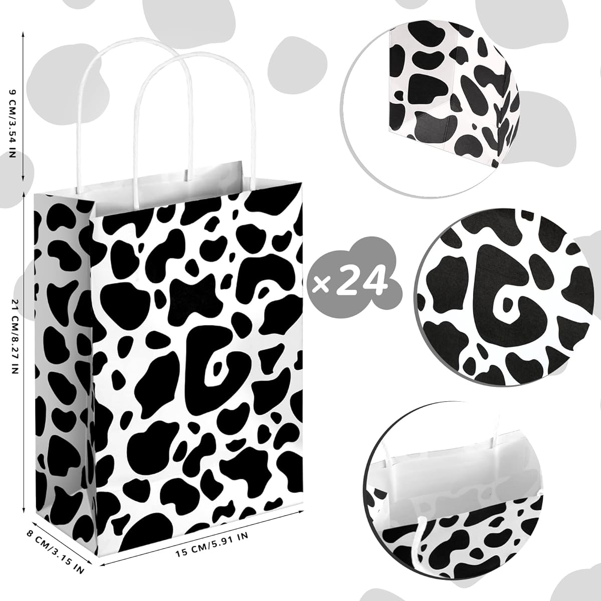 24 Pieces Cow Goodie Bags, Cow Print Bags, Party Favor Bags, Cute Cow Gift Bags with Handles, Goodie Candy Treat Bags, Cow Party Favors for Birthday, Halloween, Christmas, Baby Shower, Party Supplies