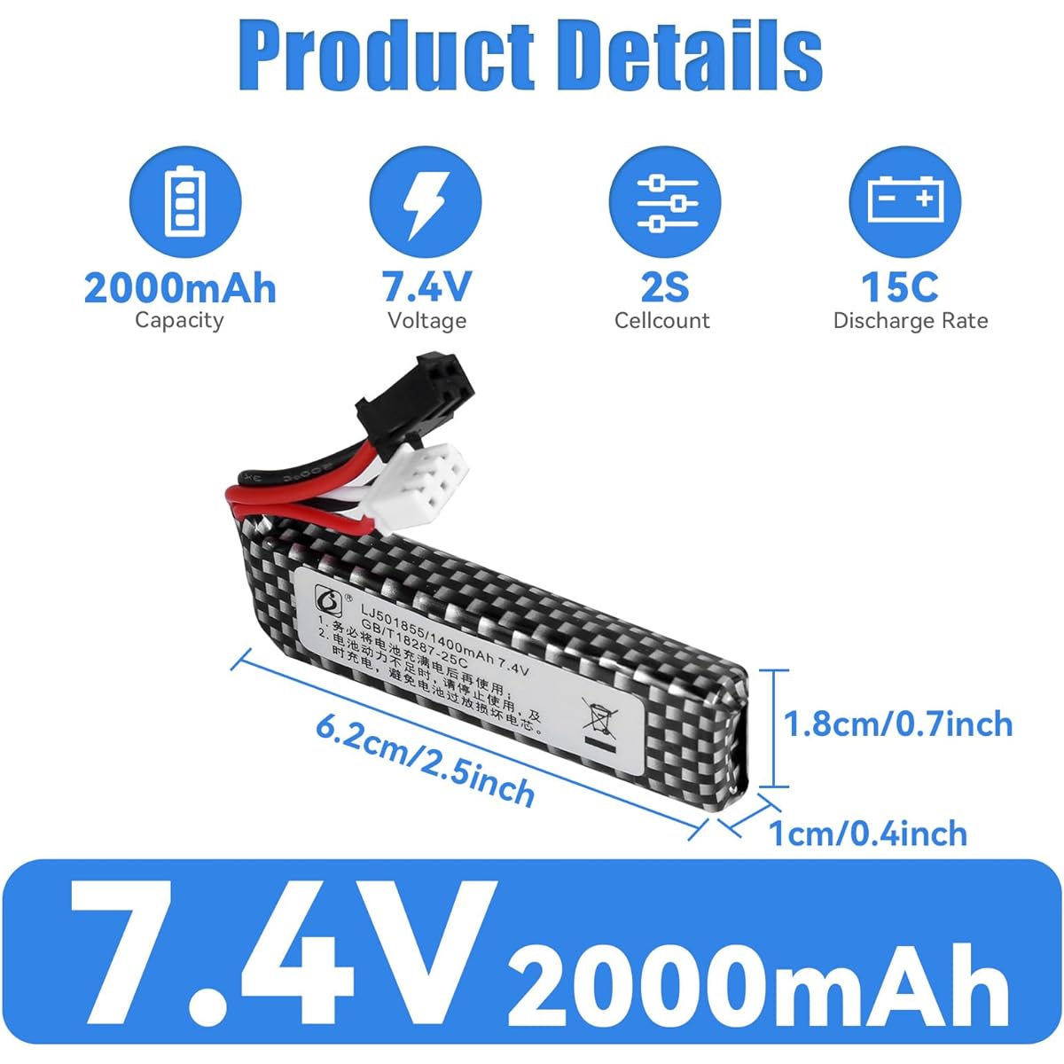 OooSure 2Pcs 7.4V 1400mAh 25C 501855 Lipo Airsoft Gun Battery with 2S Charging Cable and SM2P to Mini Tamiya Switch Cable for Airsoft Gel Gun Repulse Battery STD-X2