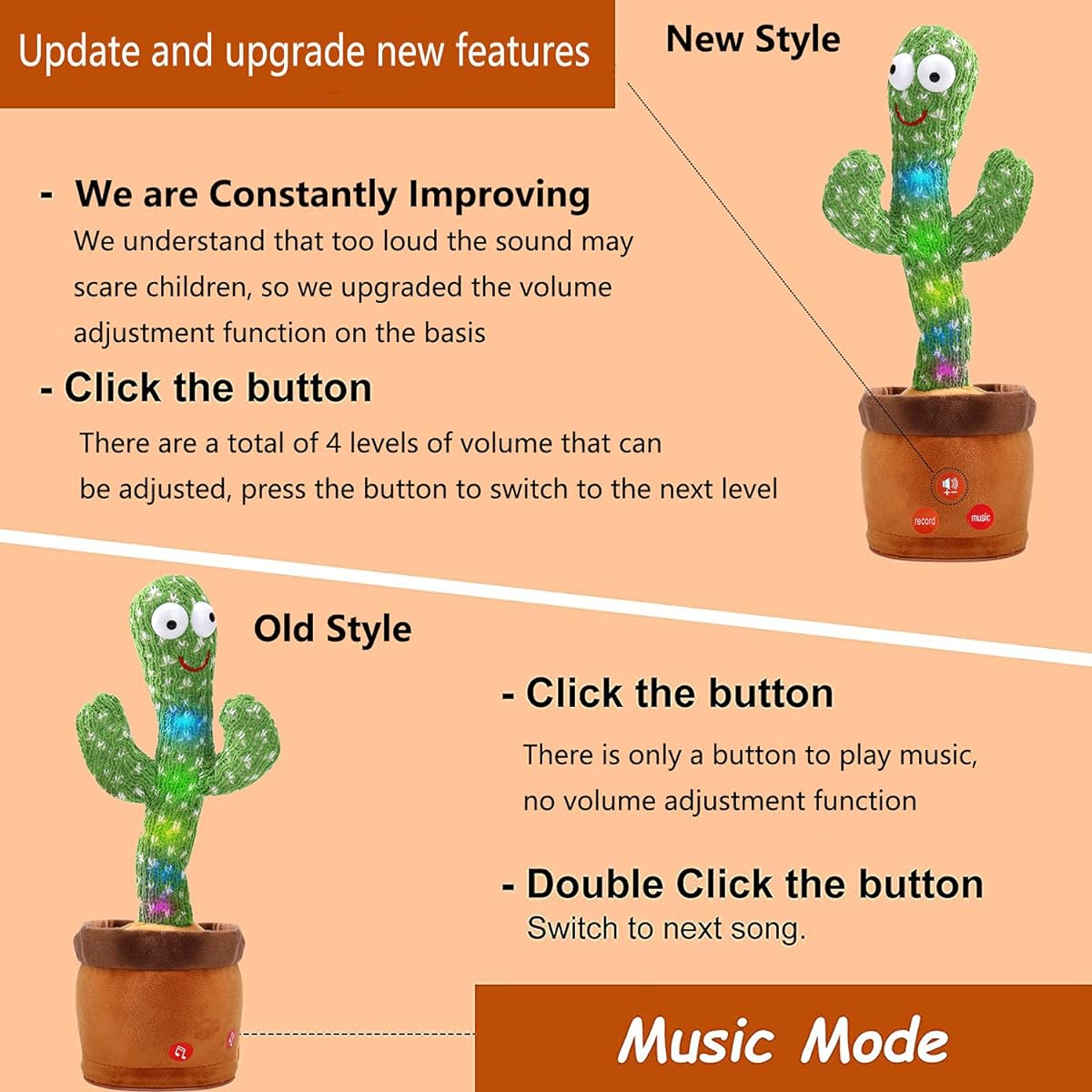 MIAODAM [Volume Adjustable Dancing Cactus Toy, Singing, Talking, Record and Repeat What You Say, Funny Electric Cactus Toy, Plush Interactive Toy Figure for Kids