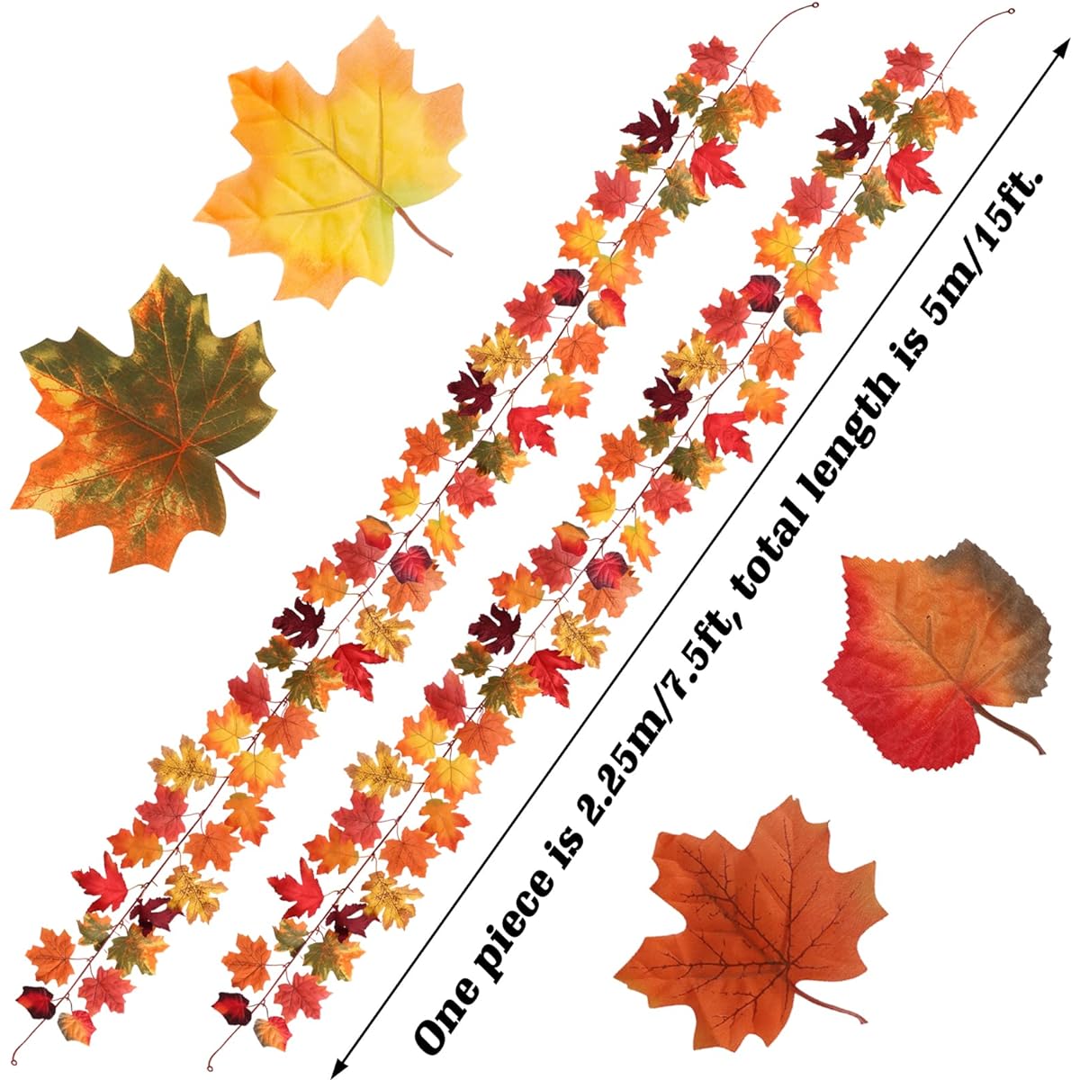 JPSOR Fall Garland, 15 Feet Total Autumn Leaves Garland, Artificial Fall Leaf Vines for Indoor/Outdoor/Home/Halloween/Harvest/Fall Decorations, Pack of 2