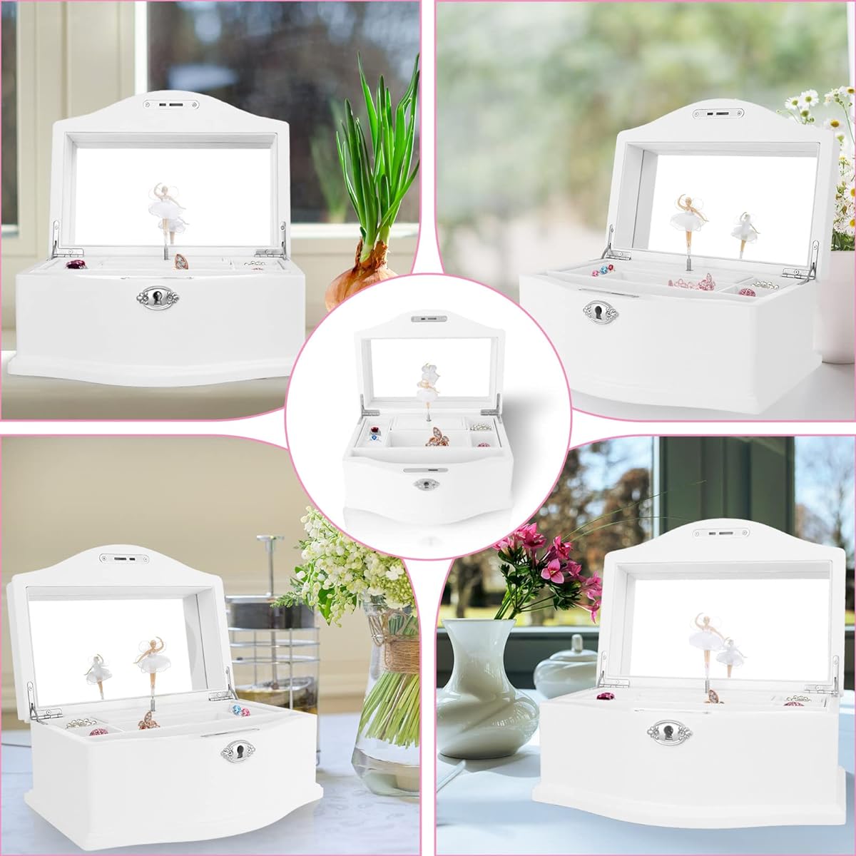 Jozen Gift Wooden Ballerina Musical Jewelry Box with Mirror & Tassel Key for Kids/Girls Musical Keepsake Gift Kids Jewelry Storage Music Box White