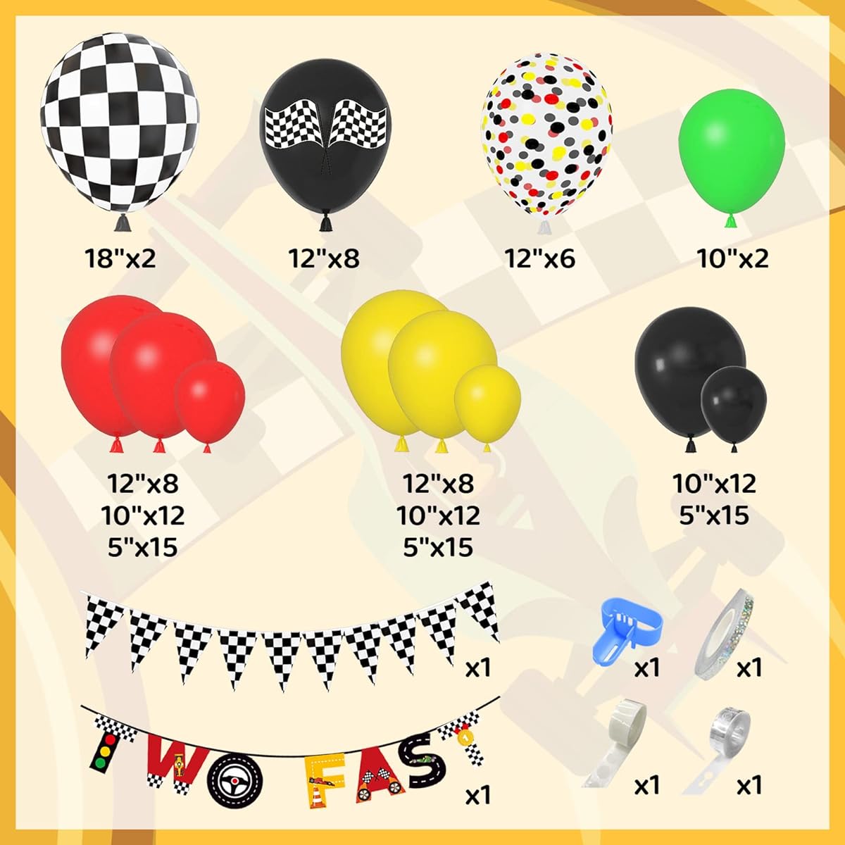 Racing Car Balloons Arch Garland Kit Truck Car Theme Birthday Party Decorations Supplies for Boys 2 Fast Birthday Decorations Banner Checkered Flag Mosaic Foil Balloons