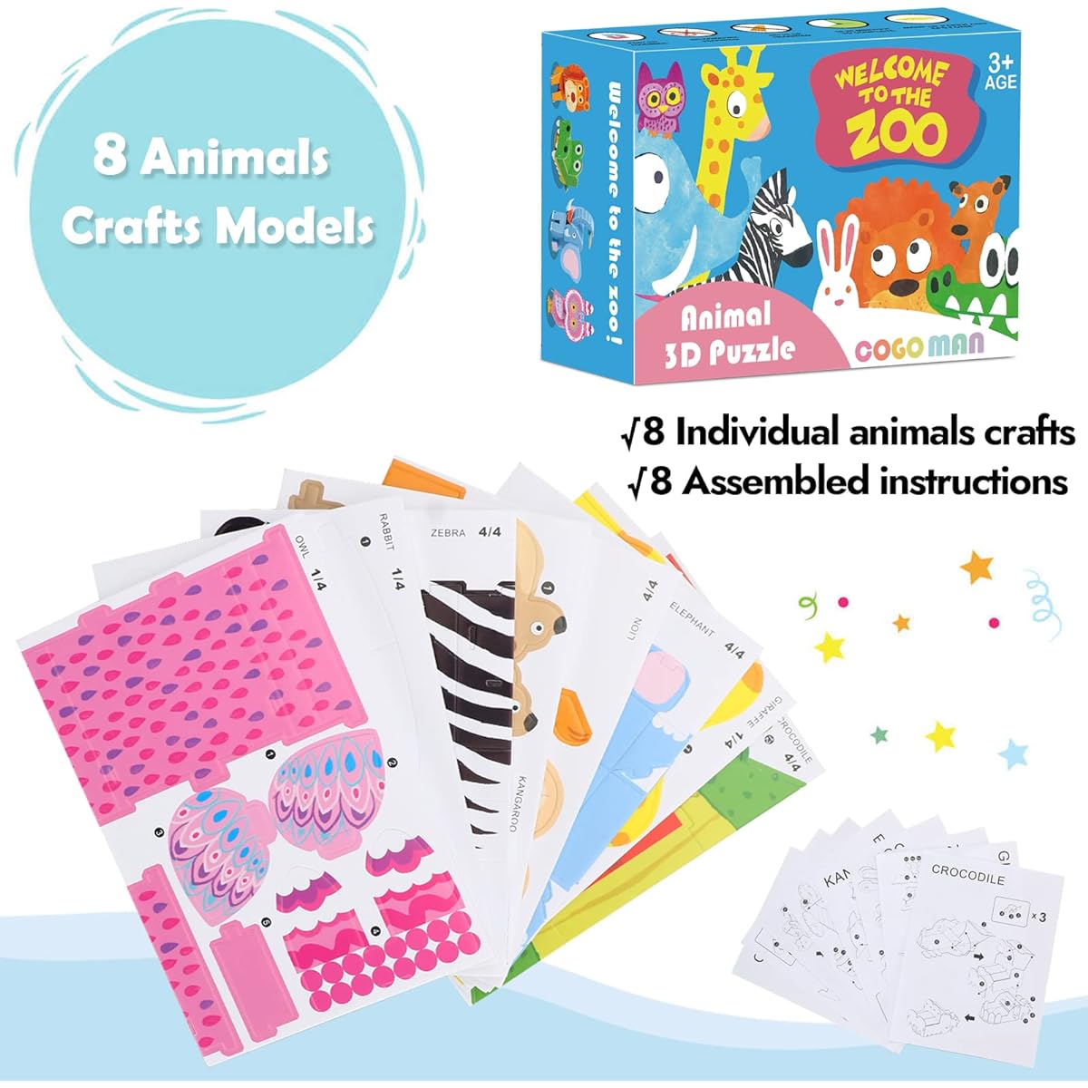 COGO MAN Animals Kids Arts & Crafts Welcome to the Zoo 8 Animals 3D Foam Puzzle Crafts Ages 6 7 8+