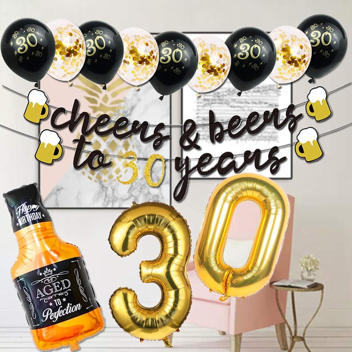 30th Birthday Decorations for Him, 30 Years Birthday Decorations with 40 Inch Gold Number Balloons, Banner, 30 Sign Latex Balloon, Fringe Curtains and Cups Foil Balloons