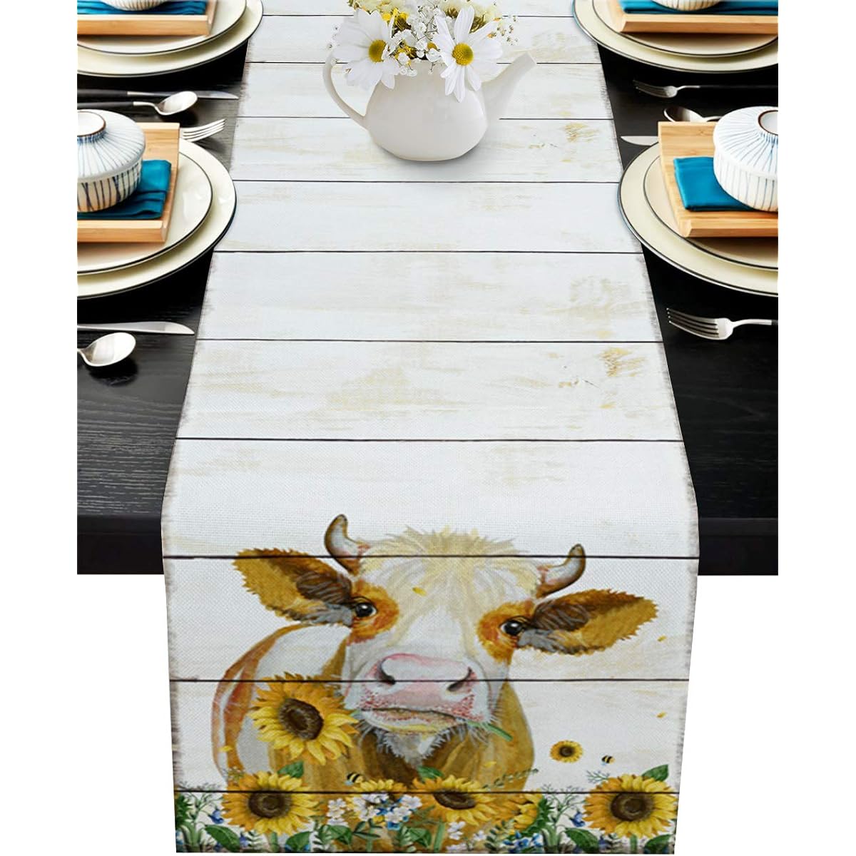 Burlap Table Runner Farm Animals Dresser Scarf Table Decorations for Everyday Use 13x108inch Dinner Parties Events Cow Sunflower Farmhouse Barn Wood Board