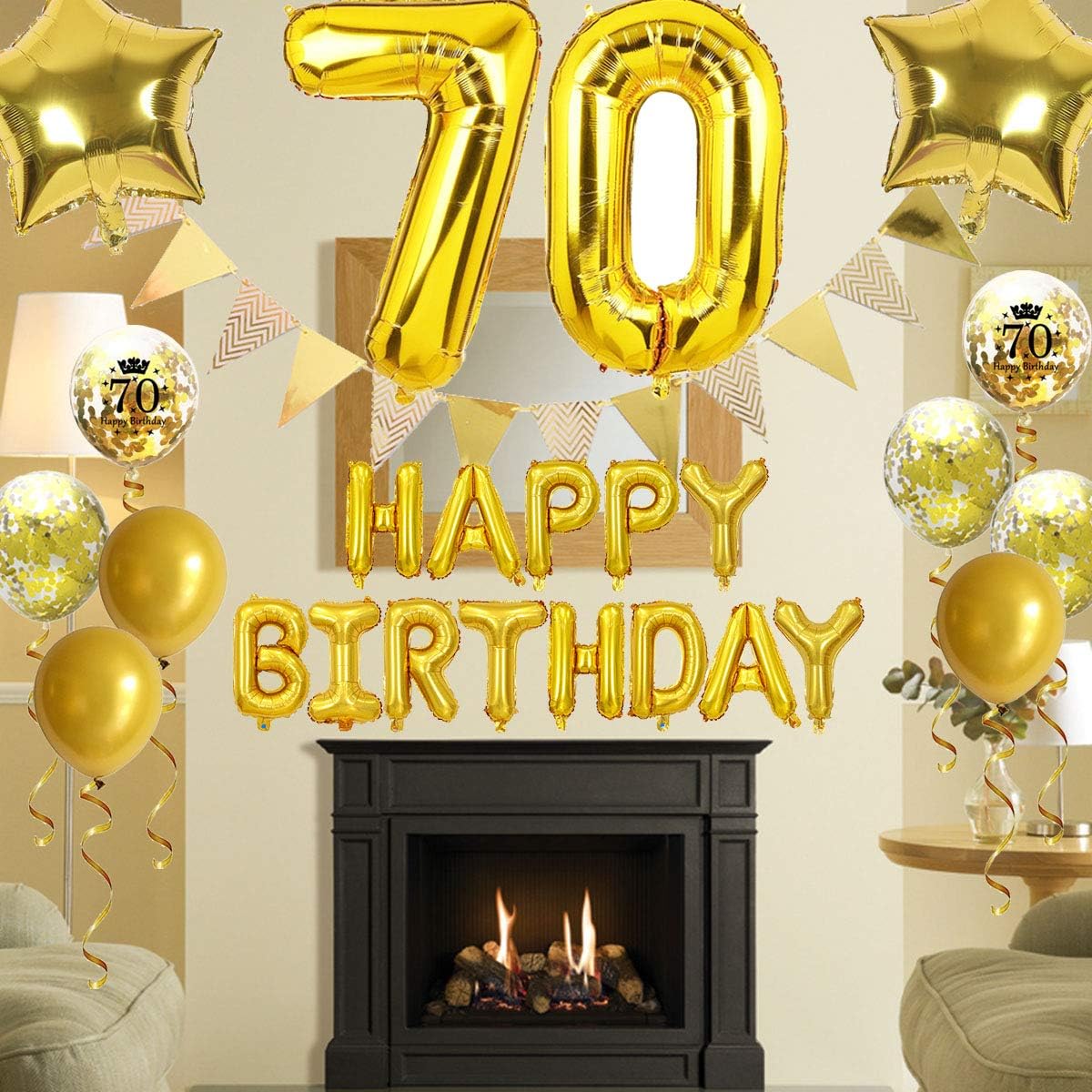 JumDaQ 70th Birthday Decorations Gold Women Men Happy Birthday Letter Balloons Pennant Banner 70 Birthday Balloons Star Foil Balloons Confetti Balloons for Mom Dad 70th Birthday