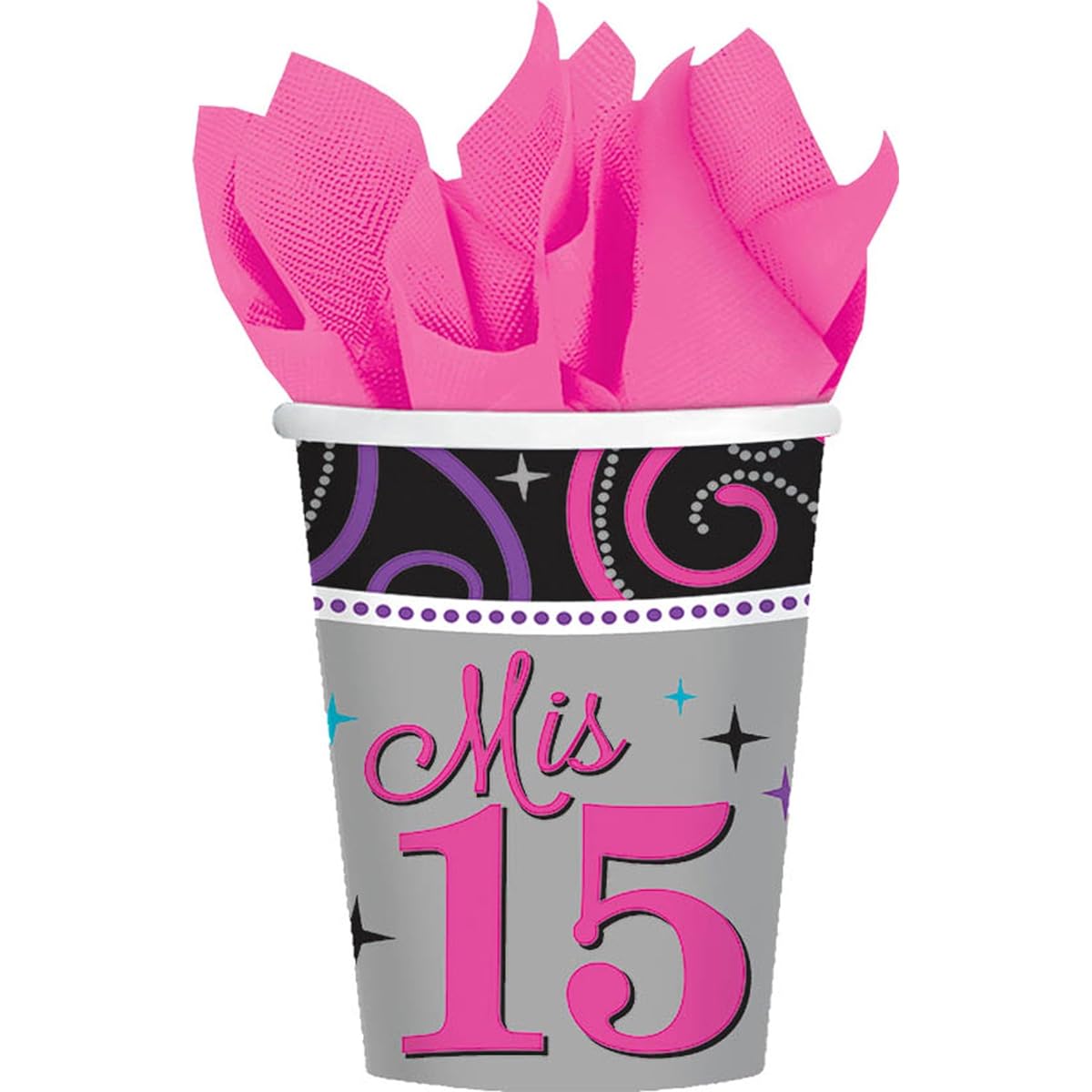 Elegant Mis Quince Años Birthday Party Paper Cups Drinkware 8 Pack, Black/Grey, 9 oz