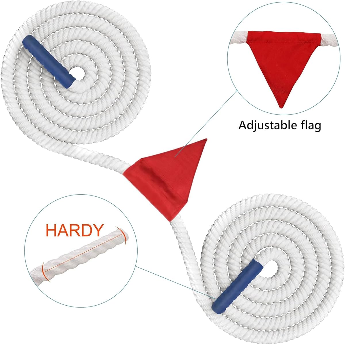X XBEN 35ft Tug of War Rope with Flags for Kids, Teens, Adults, Soft Polypropylene Rope Game for Team Building Activities, Family Reunions, Birthday Parties - 15ft, 55ft, 130ft, White