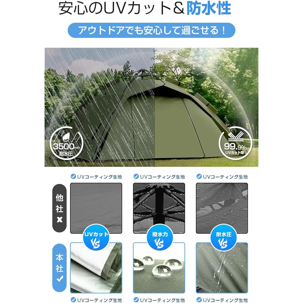 Tent, one-touch camping tent, for 2-4 people, 3-way use, water pressure resistance 3500mm, waterproof, water repellent