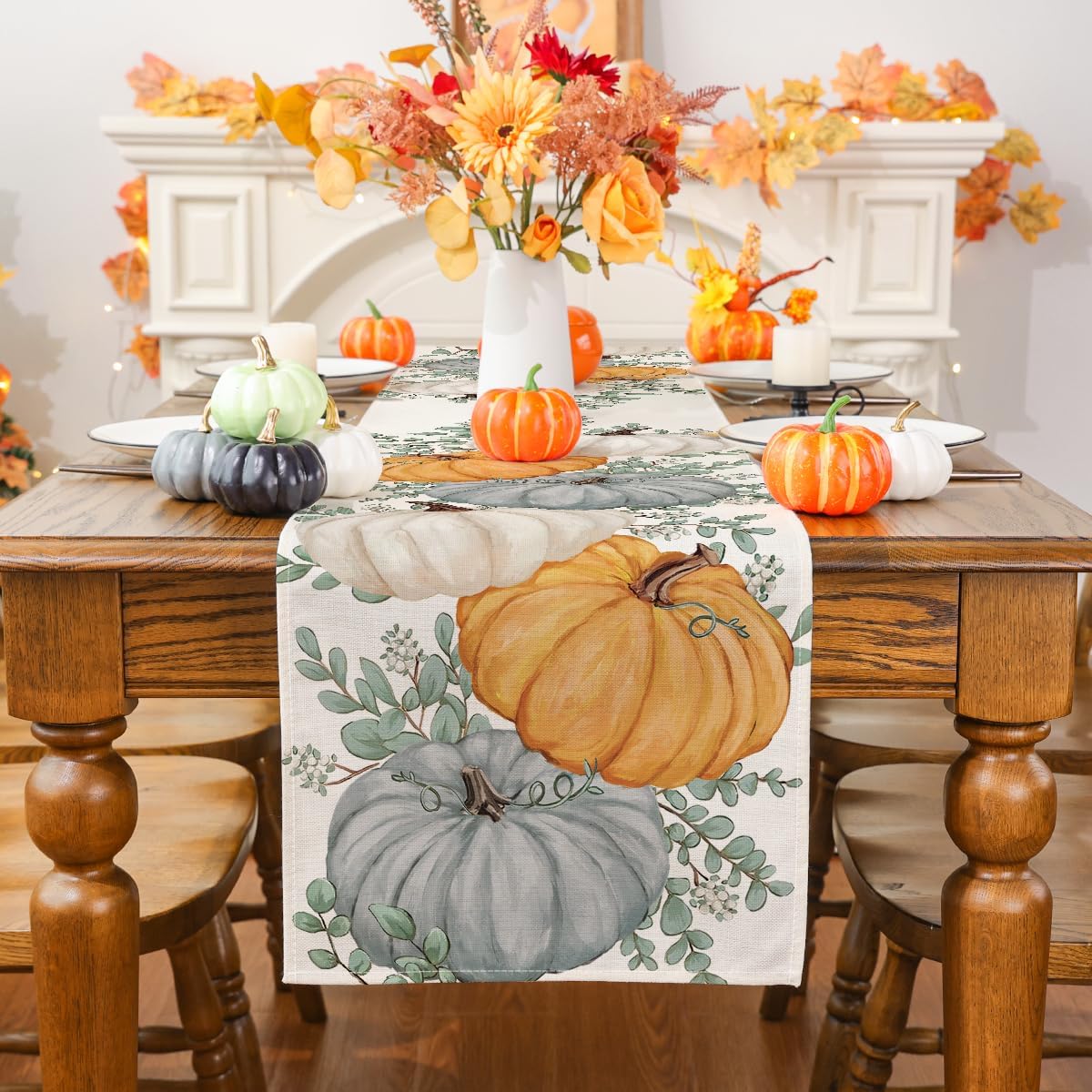 Siilues Fall Table Runner, Fall Decorations, Home Pumpkin Fall Runner, Thanksgiving Decorations, Seasonal Fall Thanksgiving Holiday Decor, Indoor/Outdoor Party/Dining Table Decor (13" x 60")