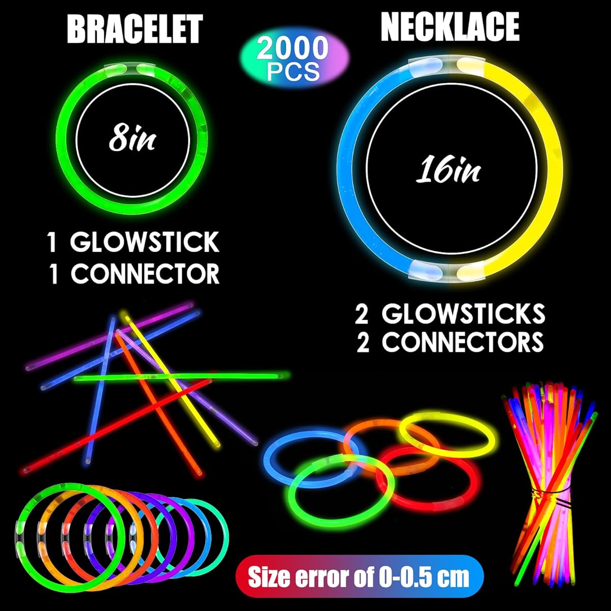 Hiboom 2000pcs Glow Sticks Bulk Neon Party Decorations 8" Glow in the Dark Party Supplies Light Sticks Glow Necklaces and Bracelets with Connectors for Kids or Adult Parties Halloween Birthday Supplies