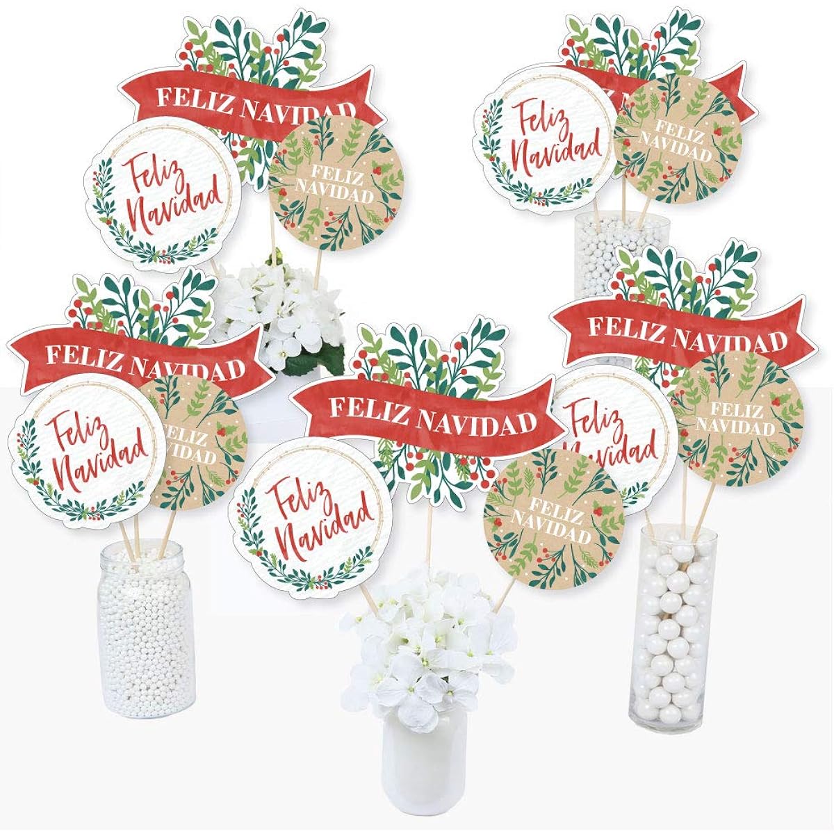 Feliz Navidad – Holiday Spanish Christmas Party Centerpiece Sticks – Table Toppers – Set of 15