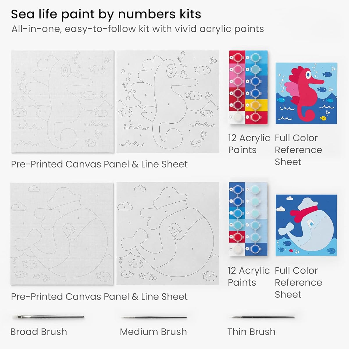Arteza Kids Paint by Number Kit for Kids Ages 8 to 12 10 x 10 Inch Preprint Sea Creatures Canvas Painting Kit