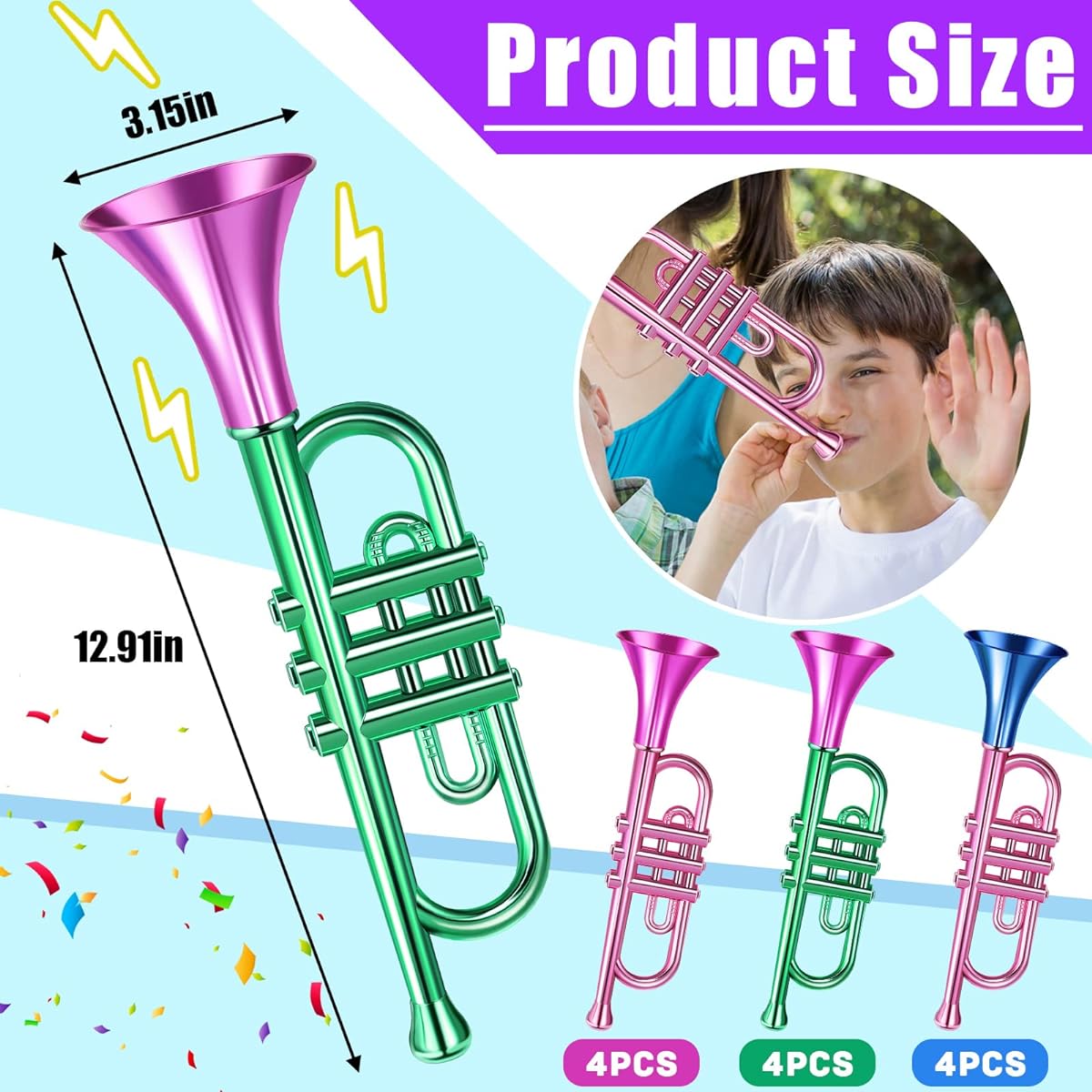 12pcs Metallic Trumpets 13 Inch Fun Plastic Musical Instrument Plastic Trumpet Toy Trumpet Noise Maker for Boys and Girls Carnival Birthday Graduation Party Favors