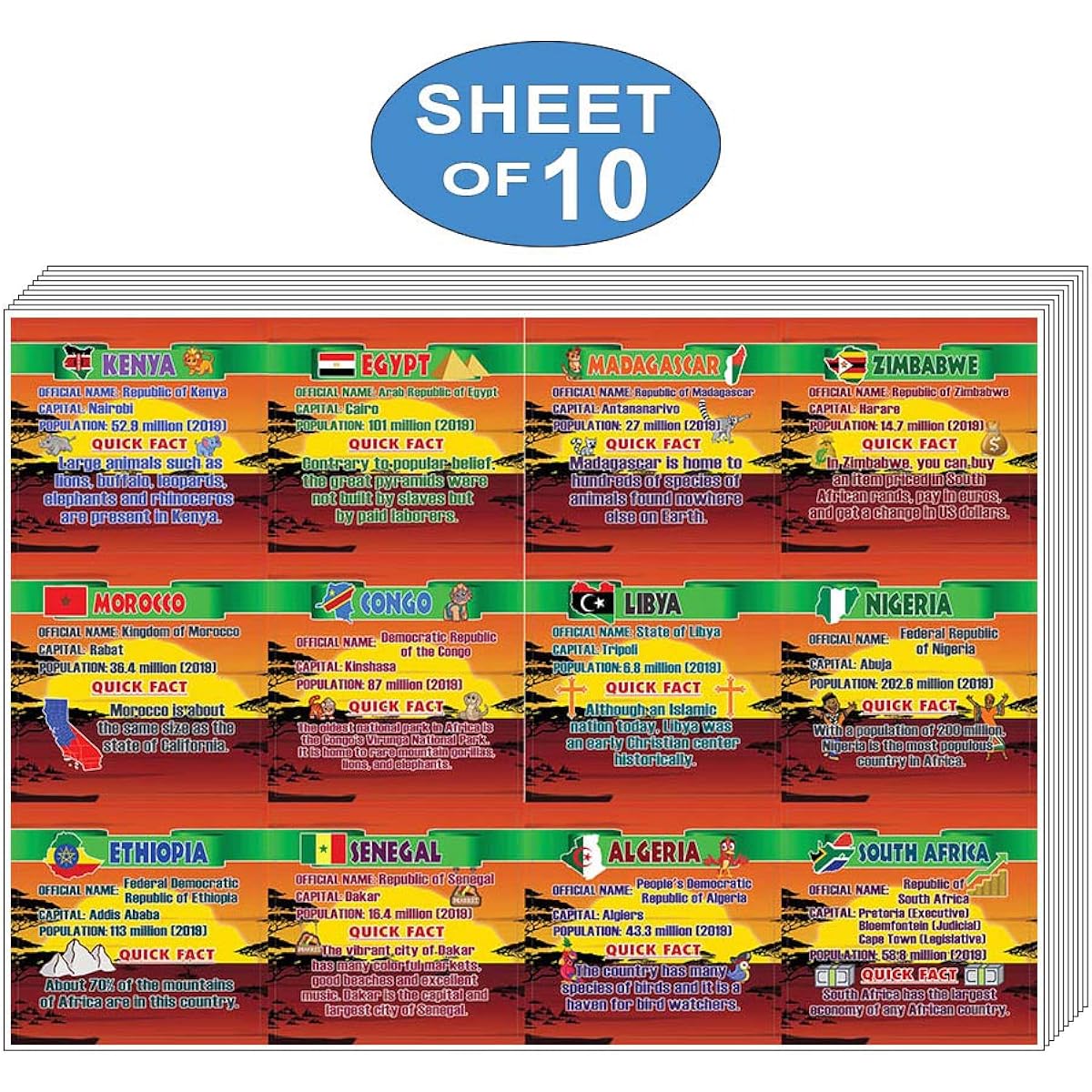 Creanoso African Countries Facts Stickers (10 Sheets) - 120 Total Stickers (10 x 12 Pcs) Individual Small Size 2.1 x 2 Inch Cool Theme Designs - Decal Art for Boys & Girls, Kids, Teens