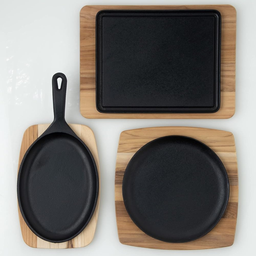 Tramontina Churrasco Steak Plate Iron Plate & Wooden Board Teak 30cm x 18cm Oval with Handle Natural Wood Respect for the Aged Day Housewarming Gift Made in Brazil 10239/638 TRAMONTINA