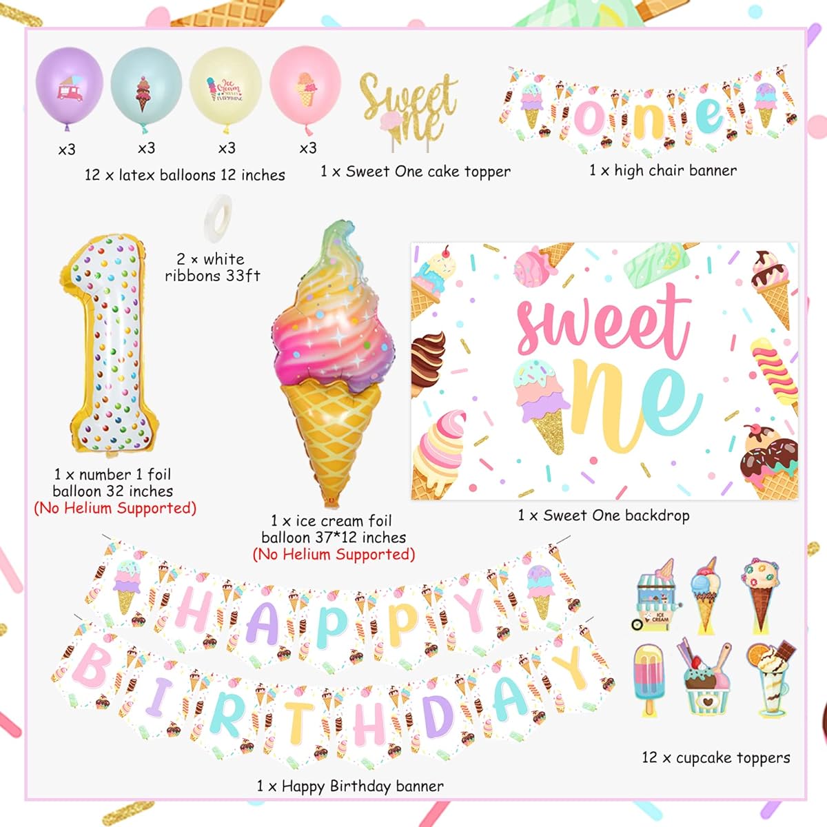 Ice Cream First Birthday Decorations for Girls - Sweet One Backdrop, Ice Cream Cupcake Toppers, Happy Birthday Banner, Highchair Banner, Balloons, Ice Cream Sweet One Birthday Party Decorations