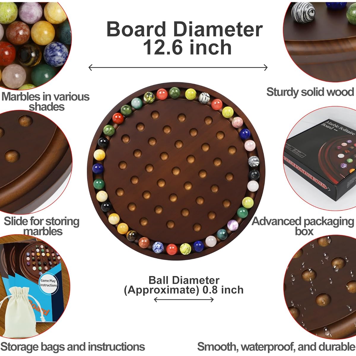 Medikaison Large Solitaire Game Handmade Solid Wood Marble Solitaire Board Game Set with 36 Natural Glass Marbles Classic Thick Round Board Game for Adults Game Night (Walnut, M)