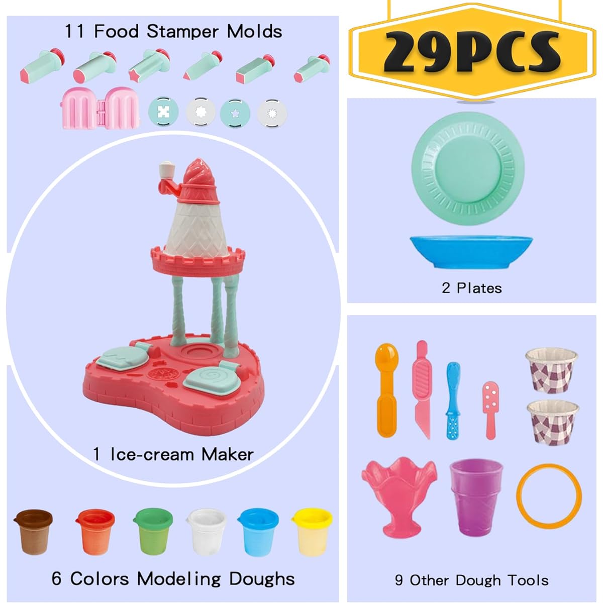 GOVOY Play Dough Ice Cream Maker Kitchen Creations Popsicles Frozen Treats Pretend Party Playset Various Kinds of Ice Cream Styles 6 Cans Color Wheat Dough Compound