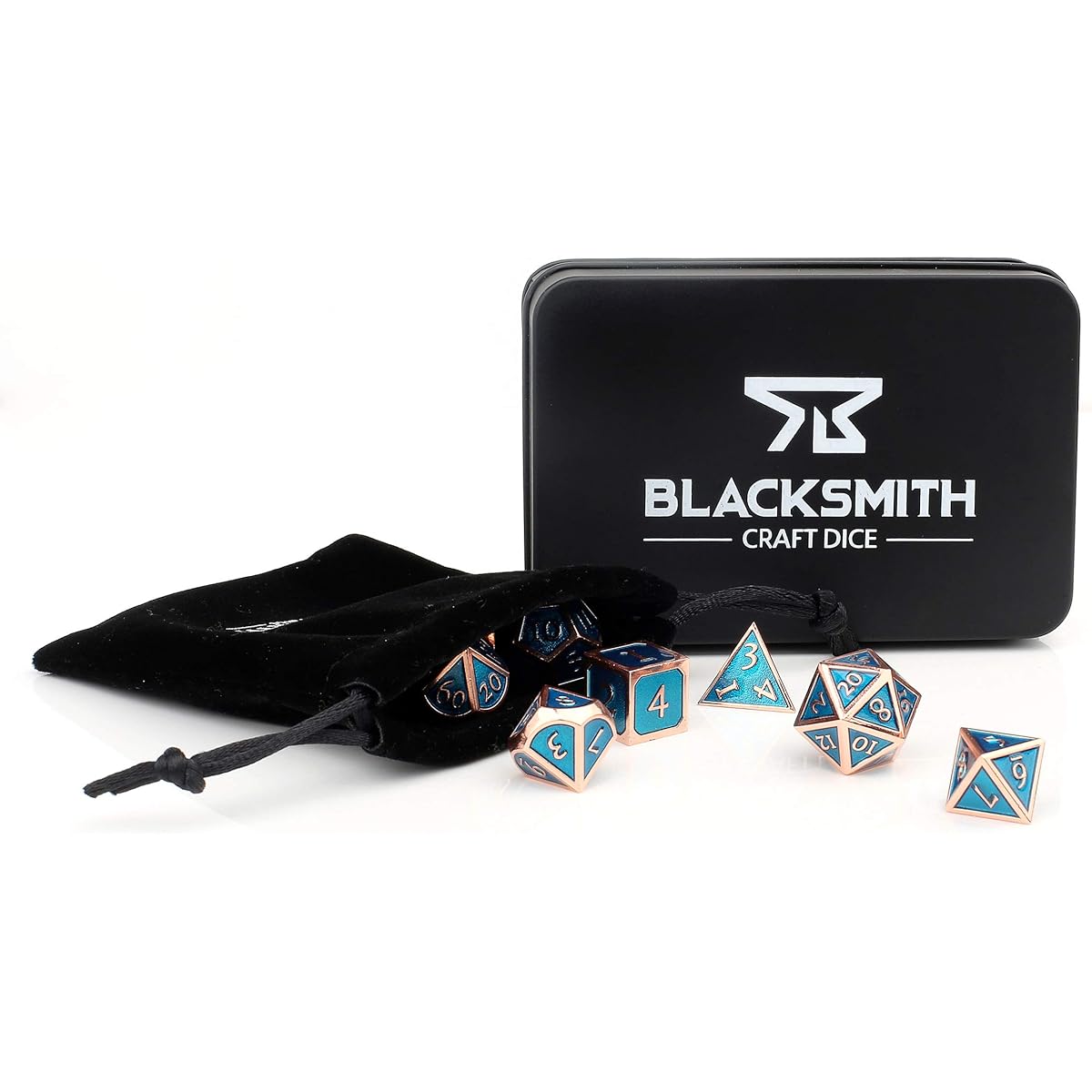 HEIMDALLR Metal D&D Dice Set 9 pcs - 2 Extra D6s, Metal Dice Box & Velvet Dice Bag; Metal DND Dice Set D&D (Dungeons and Dragons Dice Set) w D20 Dice - Blacksmith Craft Dice (Seafarer)