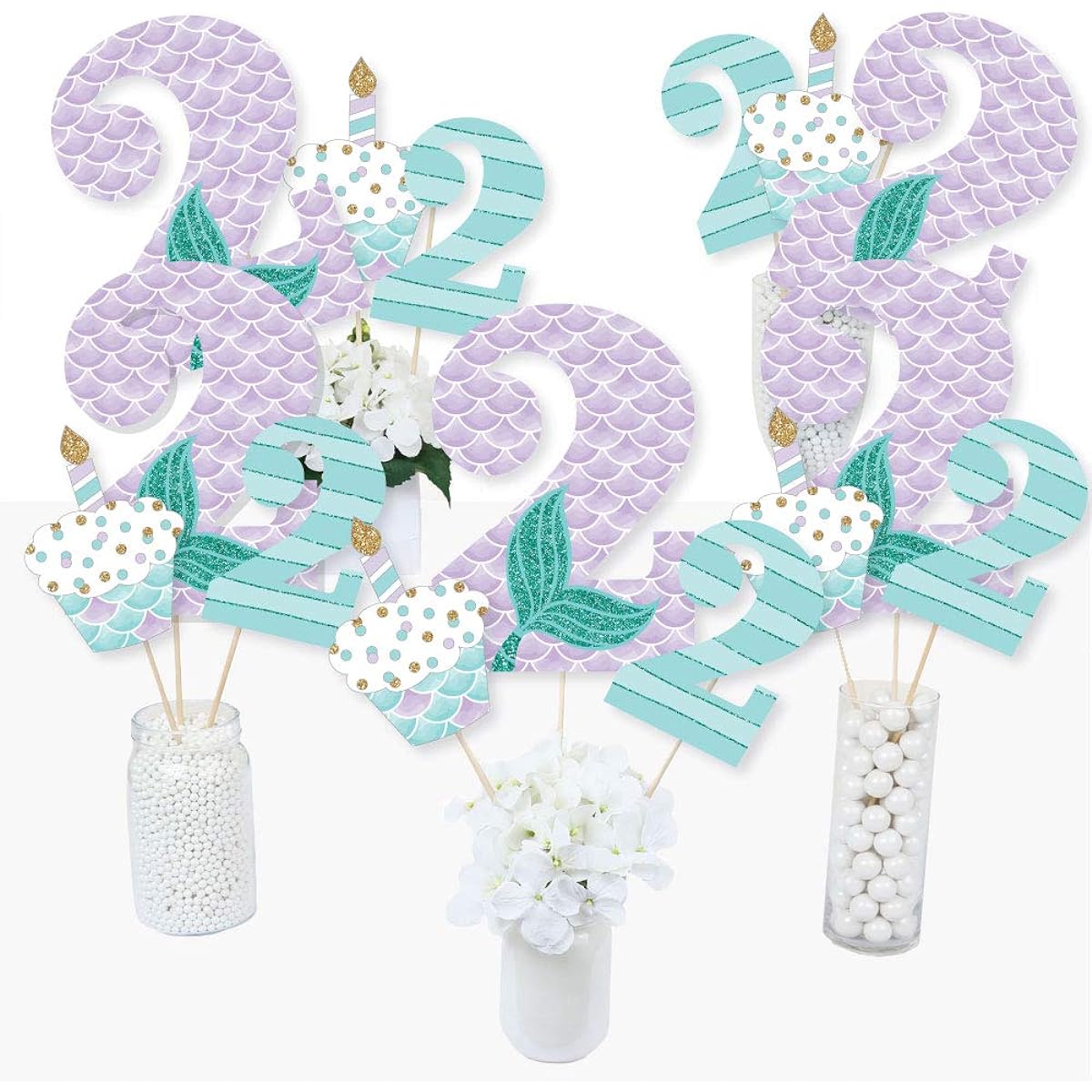 2nd Birthday Let's Be Mermaids - 2nd Birthday Party Centerpiece Sticks - Table Toppers - Set of 15