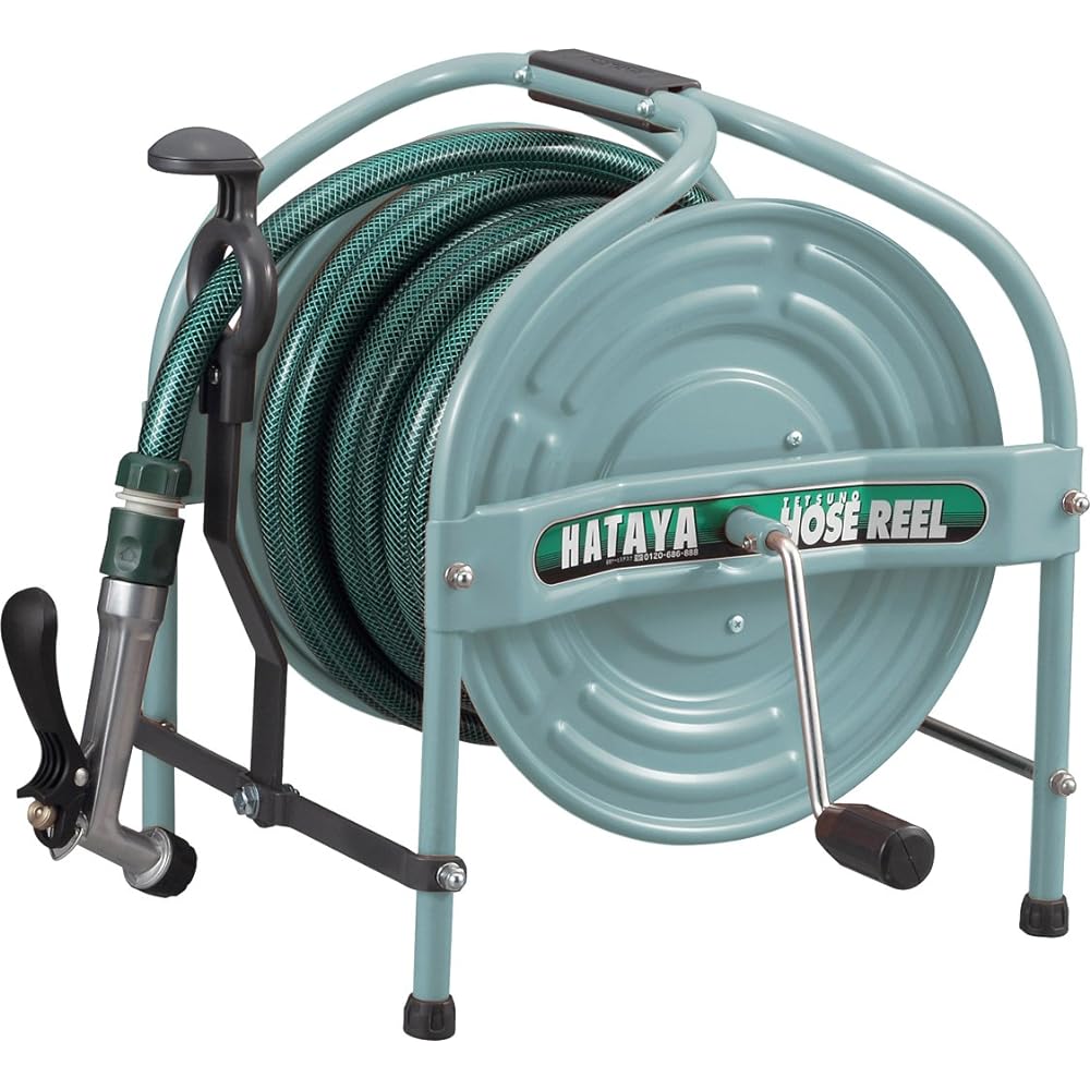 HATAYA Tetsuno Hose Reel 20m Anti-Algae Hose with Lever Nozzle and Hose Guide Powder Coating Compact HSA-20N(G) Green