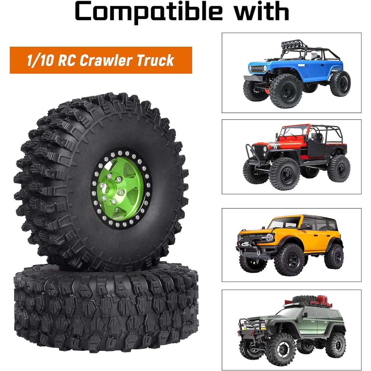 GoHooby 1.9 Beadlock Wheels 12mm Hex and 4.72"/120mm Crawler Tires for 1/10 RC Crawler 2WD 4WD Replacement Traxxas TRX4 Sport Bronco Axial SCX10 Redcat Gen8 Gen7 (4 Pack) (Style F)