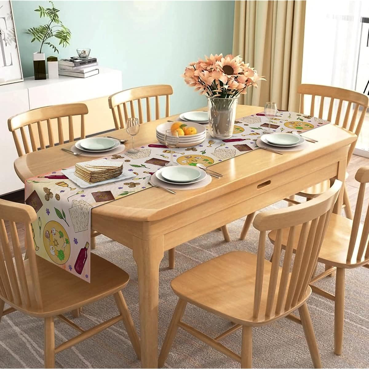 Nepnuser Linen Watercolor Passover Table Runner Pesach Jewish Seder Matzah Home Dining Room Kitchen Table Decoration