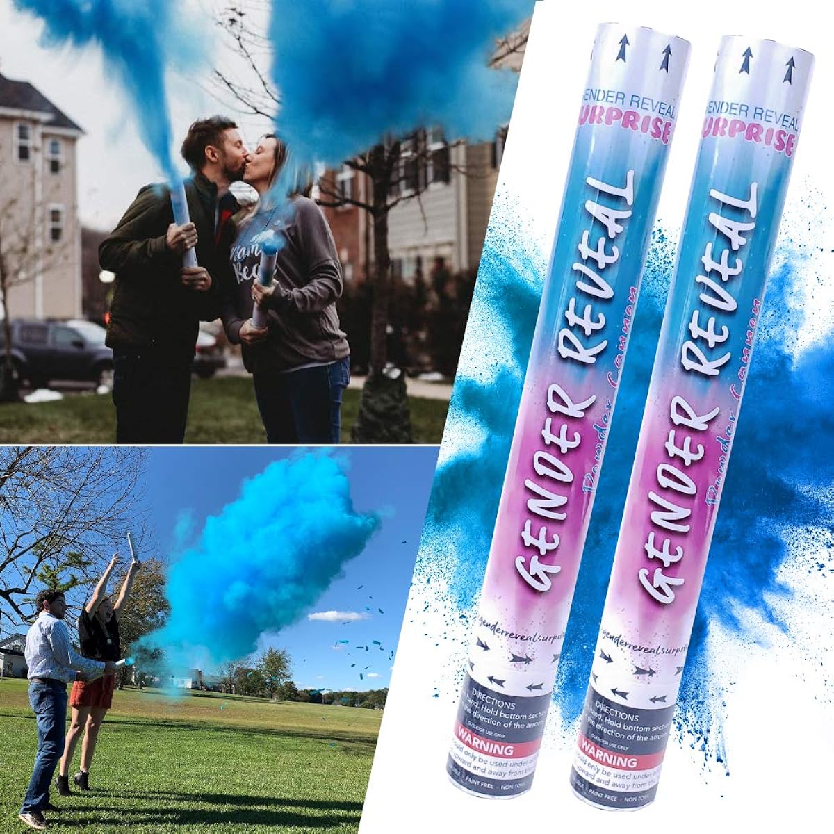 Gender Reveal Surprise Powder Cannon Set - 2 16" Non-Toxic Blue Powder Dispensers with 8 Free Gender Reveal Party Balloons