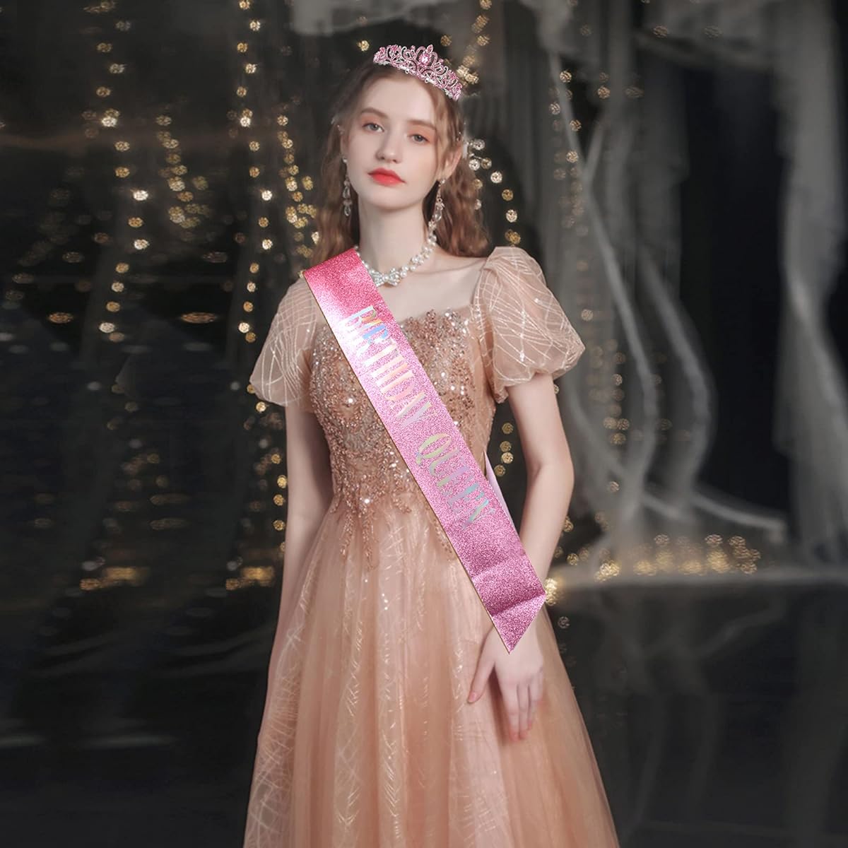 Araluky Pink Birthday Tiara and Sash for Women HAPPY Birthday Crown Comb Queen Sash Princess Crystal Headband Gift for Girls Women Fun Party Pink Polarized Light Lettering