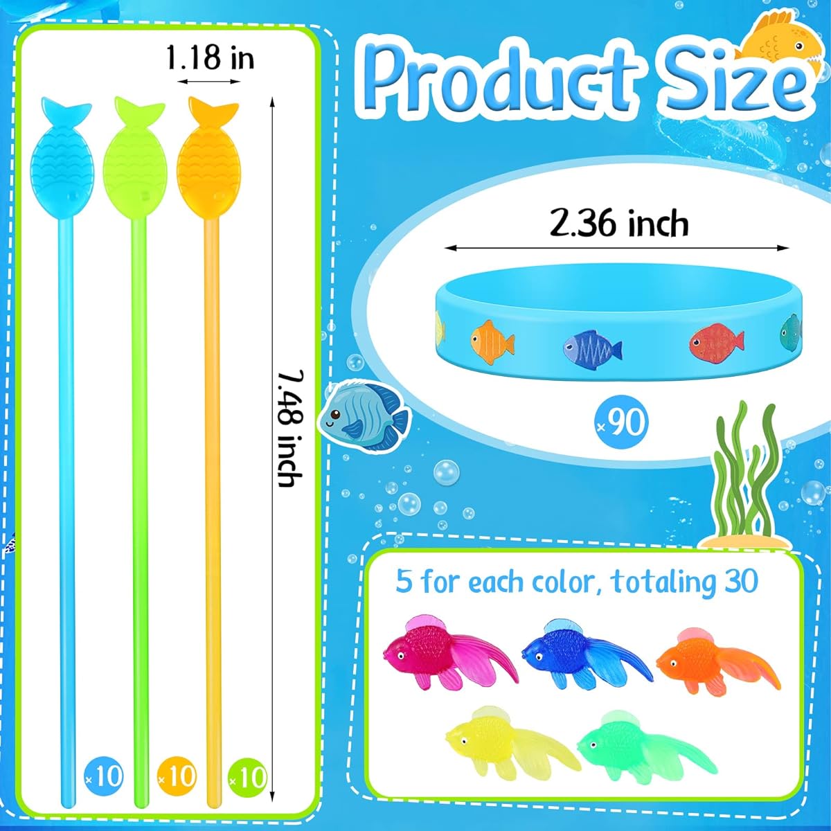 Liliful 90 Pieces Fishing Themed Party Favors with 30 Fish Themed Silicone Bracelets Wristbands, 30 Sticky Fish Toys, 30 Plastic Mini Goldfish Fish Birthday Party Favors Decorations Supplies