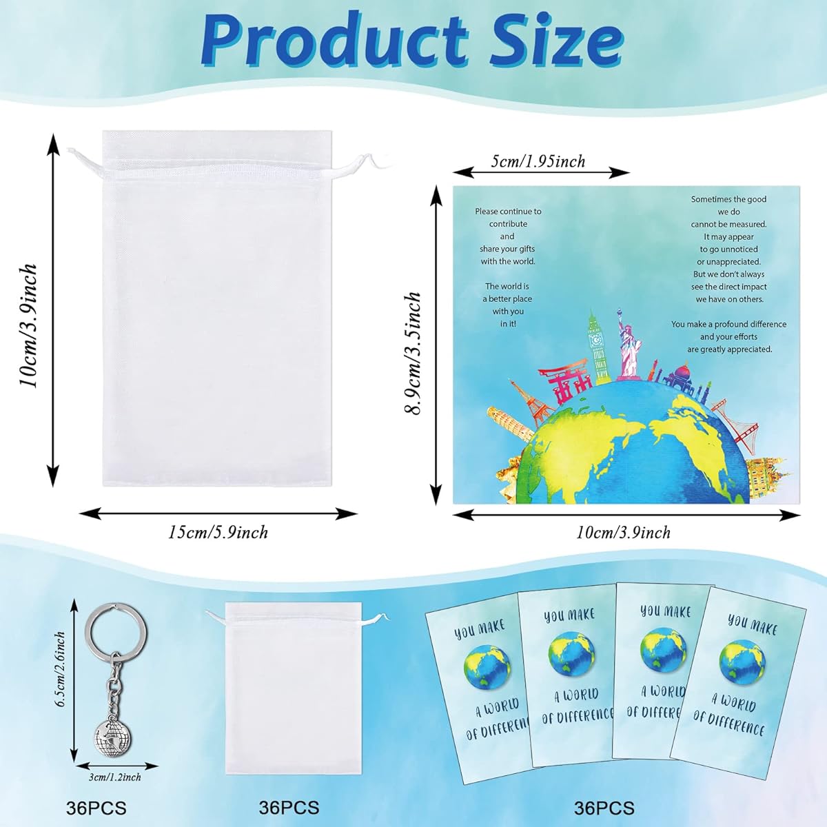 36 Pack Employee Appreciation Cards Keepsake Gift Set World of Difference Staff Greeting Card Matching Keychain World Story Card Mini World Keychain Organza Bag Bulk Gifts for Men Women