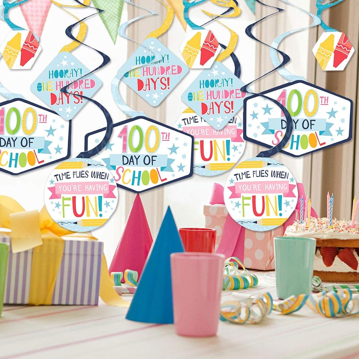 Big Dot of Happiness Happy 100th Day of School - 100 Day Party Hanging Decorations - Party Decoration Swirls - Set of 40
