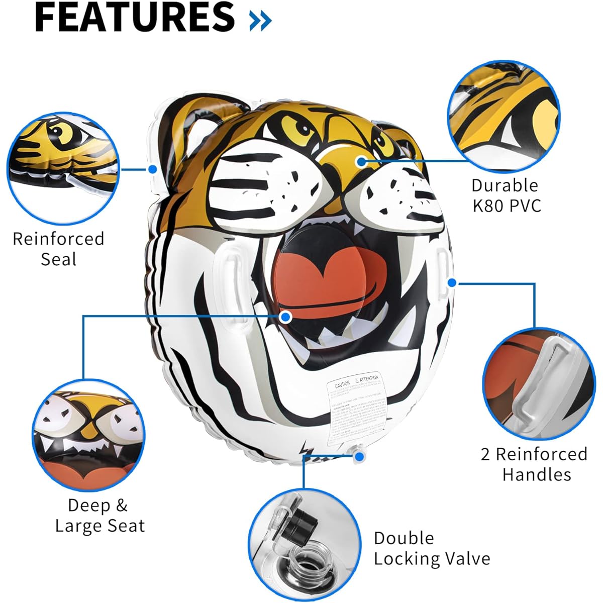 EGOJIN Snow Tube Inflatable Winter Tiger Snow Sled for Kids and Adults with 2 Handles Sled Outdoor Activities Christmas Birthday New Year