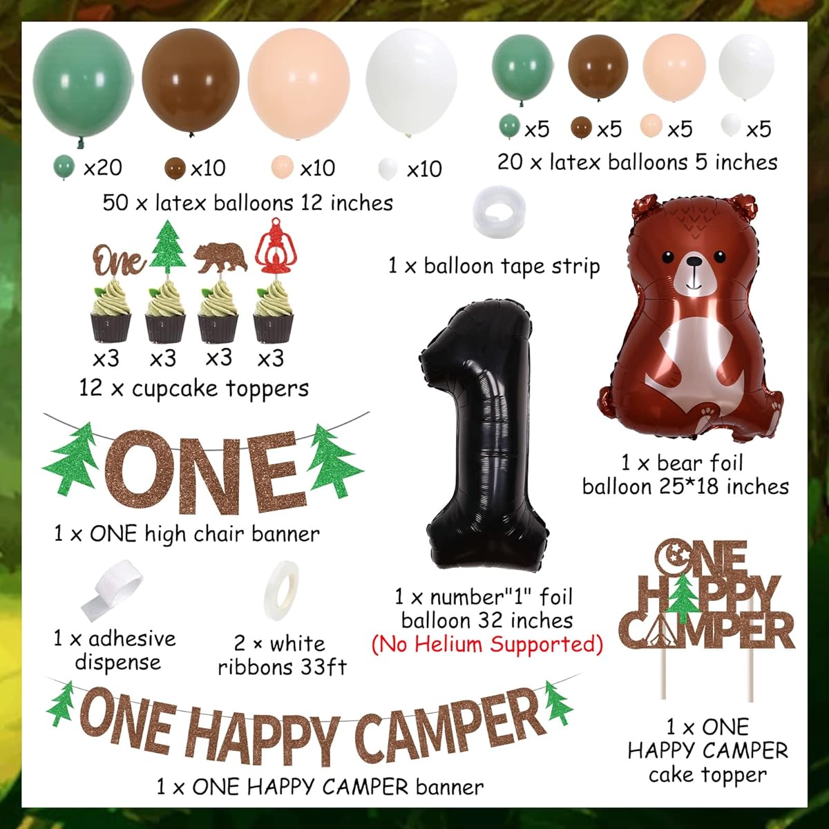 Happy Camper Birthday Decorations for Boys Balloon Garland Kit Glitter Banner High Chair Banner Cake Cupcake Toppers Campout Backyard Adventure Camp First Birthday Decorations