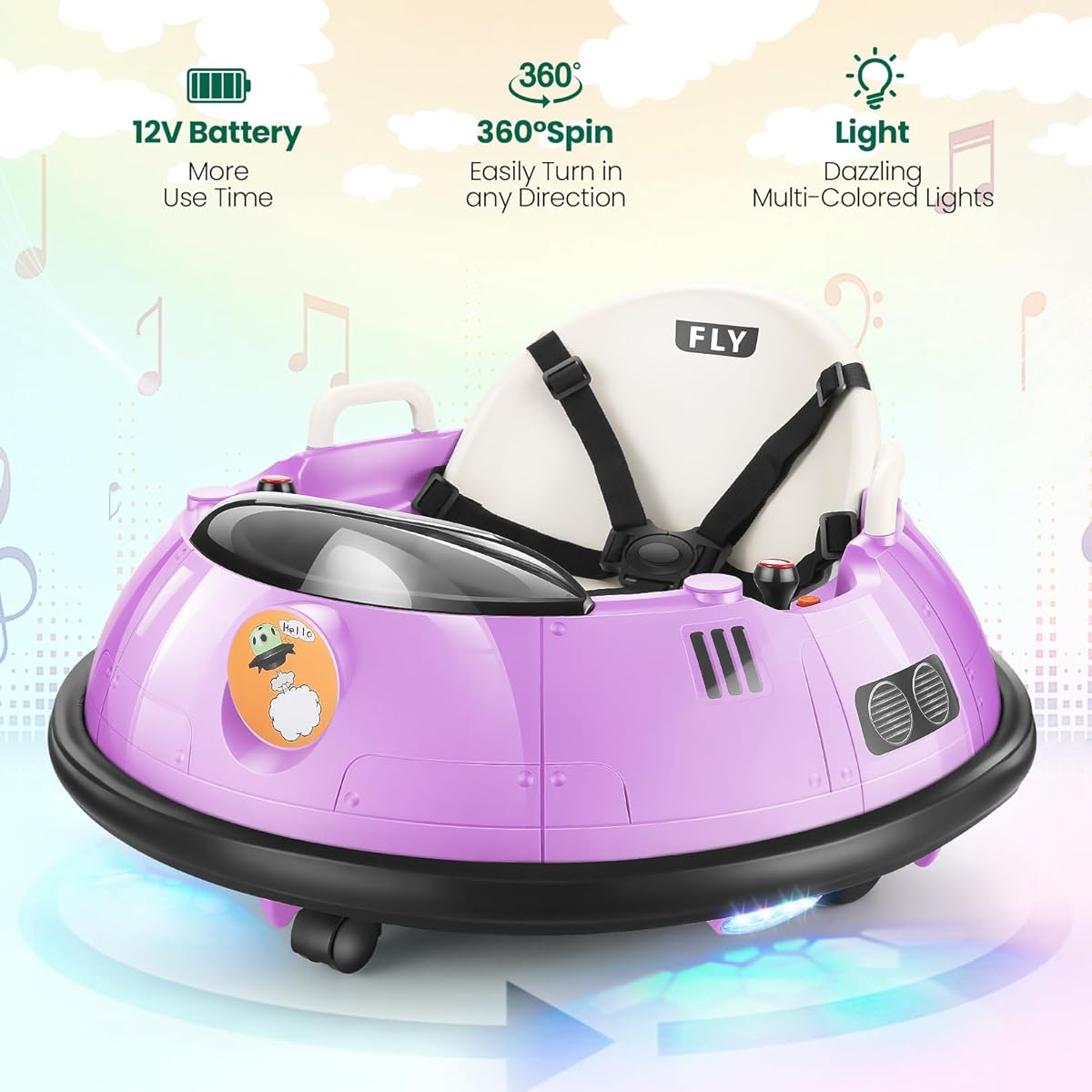 Hikole 12V Toddler Bumper Cars, Electric Baby Bumper Car with Remote Control, 360 Degree Rotation, 5-Point Harness, 2 Driving Modes, LED Lights, Bumper Cars for 1.5-5 Year Old Kids, Purple