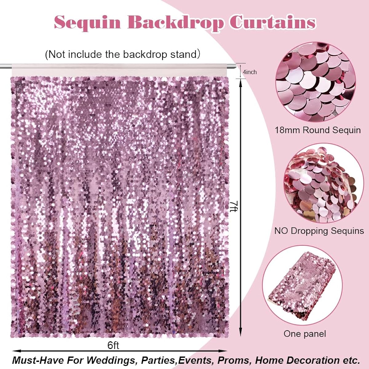 AIBIIN 6x7ft Rose Gold Sequin Backdrop Curtain