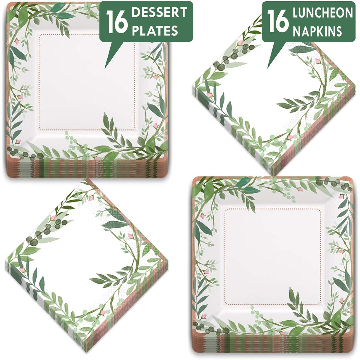 Love and Green Leaves Rose Gold Metallic Square Bridal Dessert Plate Luncheon Napkins Serves 16