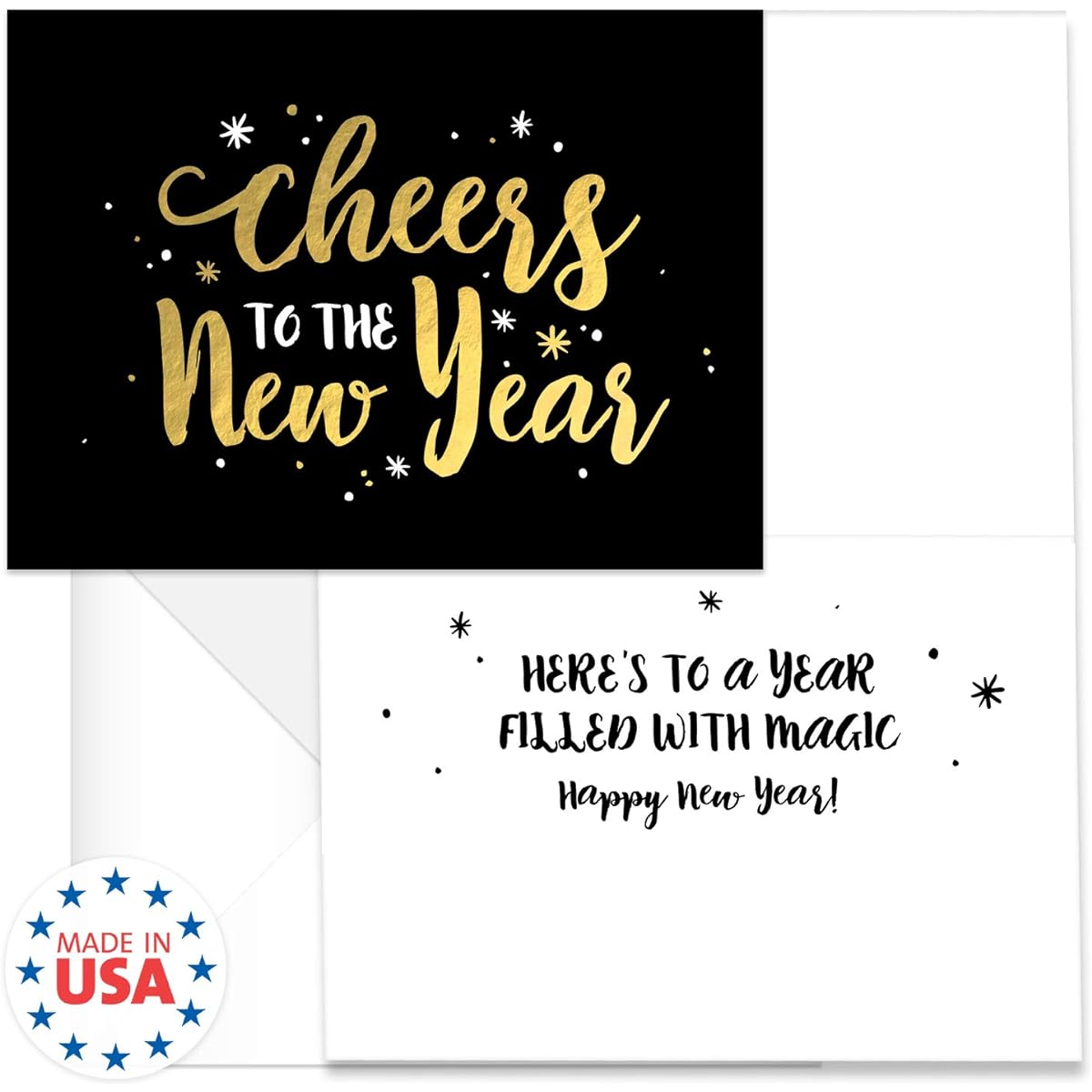 Modern Black & Gold New Year Greeting Cards / 24 6 1/4" x 4 5/8" Cards with White Envelopes / Faux Foil Holiday Cards