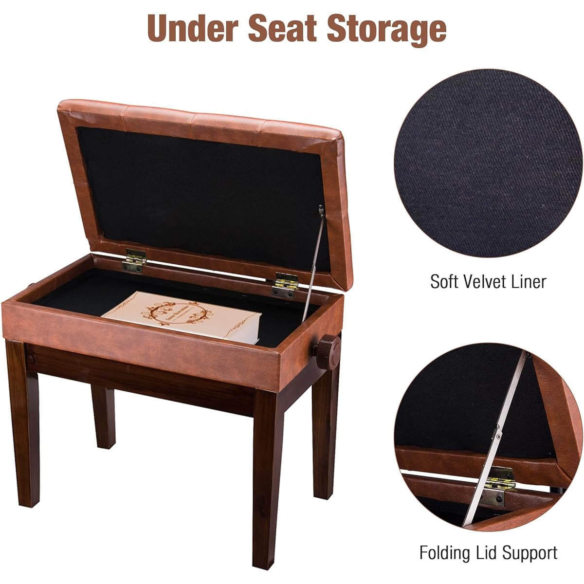 Piano Bench Height Adjustable Leather Padded Keyboard Organ Seat Throne Storage