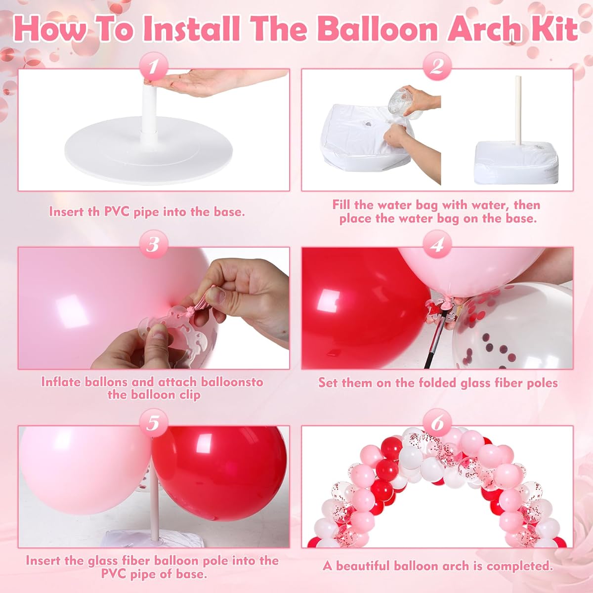 Syhood Christmas Balloon Arch Kit, Adjustable Balloon Arch Stand with Base, 120pcs Balloons, Ground Nails, Balloon Clips, Water Bag for Outdoor Christmas, Birthday, Wedding, Bridal Shower (Valentine Color)