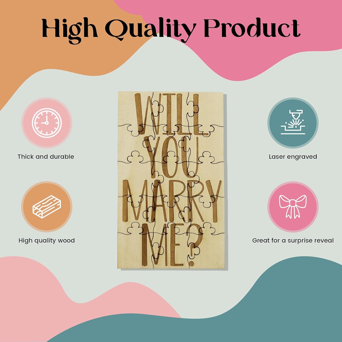 Will You Marry Me Proposal 15 Piece Jigsaw Puzzle Laser Engraved Rustic Basswood 6" x 3.5"