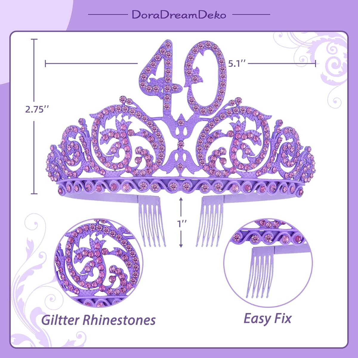 DORADREAMDEKO 40th Birthday Sash and Tiara Set for Women, Sparkly 40th and Fabulous Birthday Sash - Forest Rhinestone Purple Tiara - 40th Birthday Gift and Party Accessories