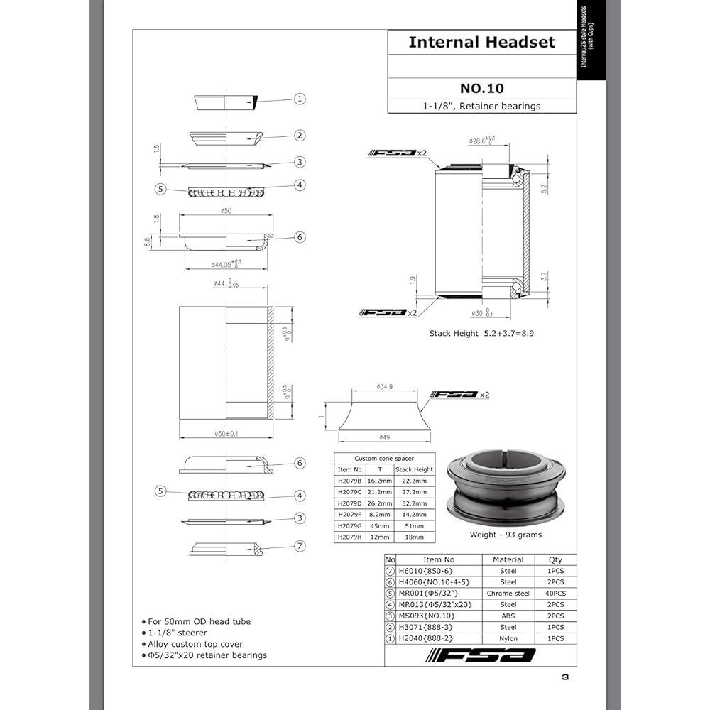 FSA No.10 Semi Integrated/Internal Headset - 1-1/8" 16.2mm Top Cone ZS44#XTE1635