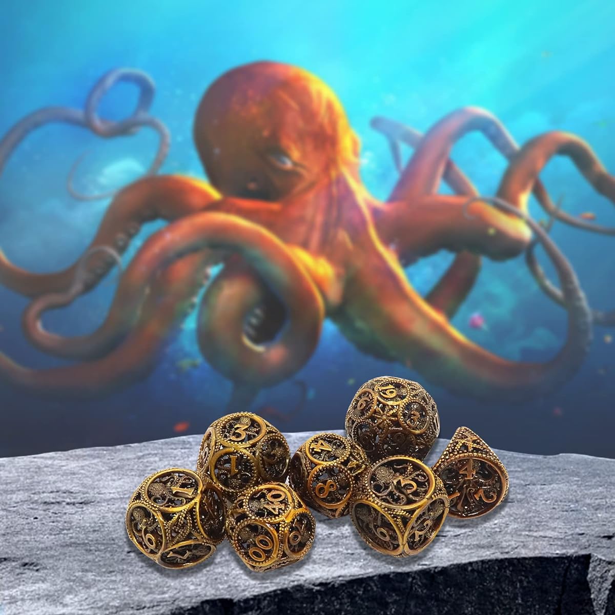 Tamatako Ancient Gold D and D Dice Set D20 D12 D10 D8 D6 D4 D%