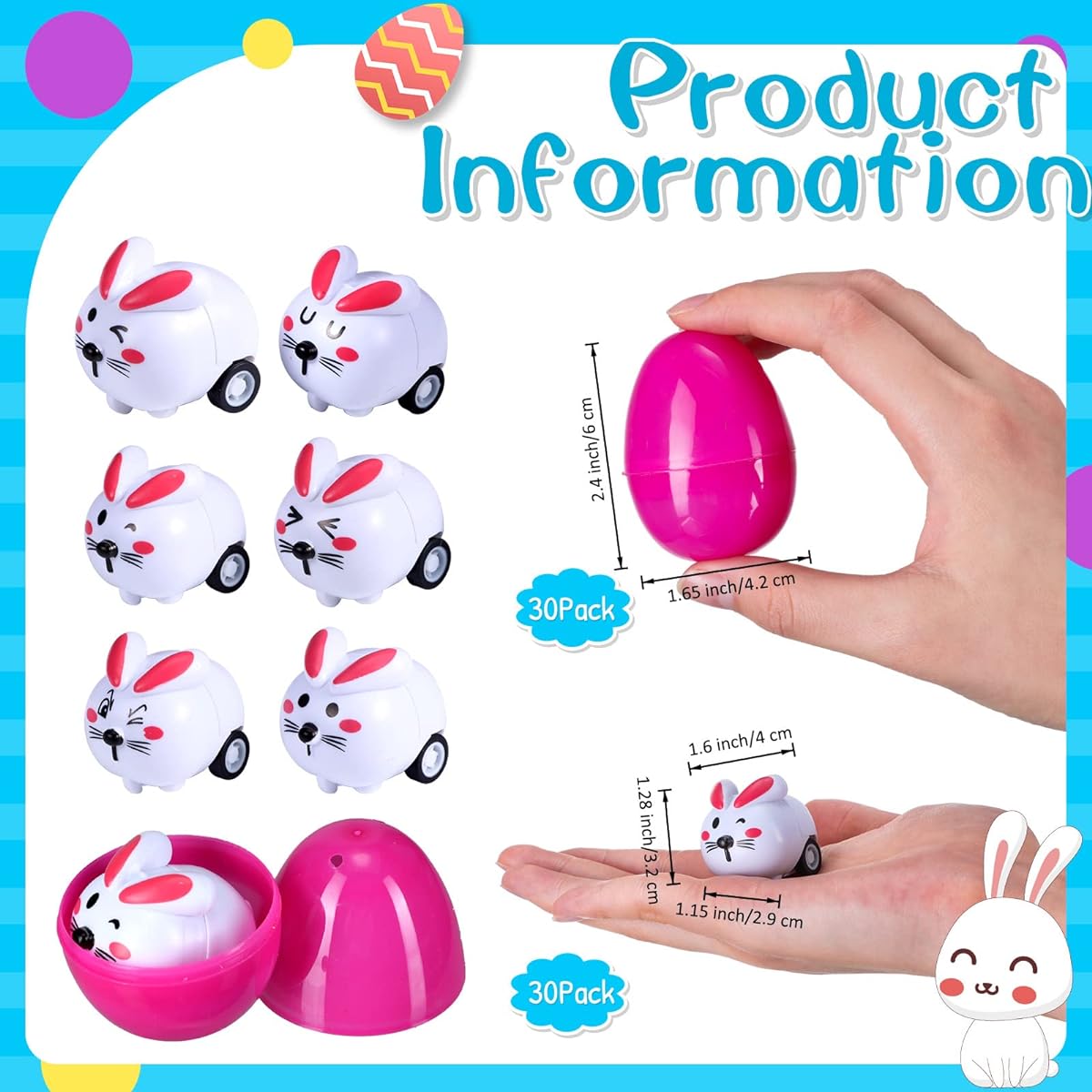 Easter Eggs Set of 30 Mini Pull and Go Easter Bunny Colorful Bright Plastic Fillable Easter Egg Toys Pull Back Car with Bunny Inside Easter Egg Fillers Easter Hunt Party Favors