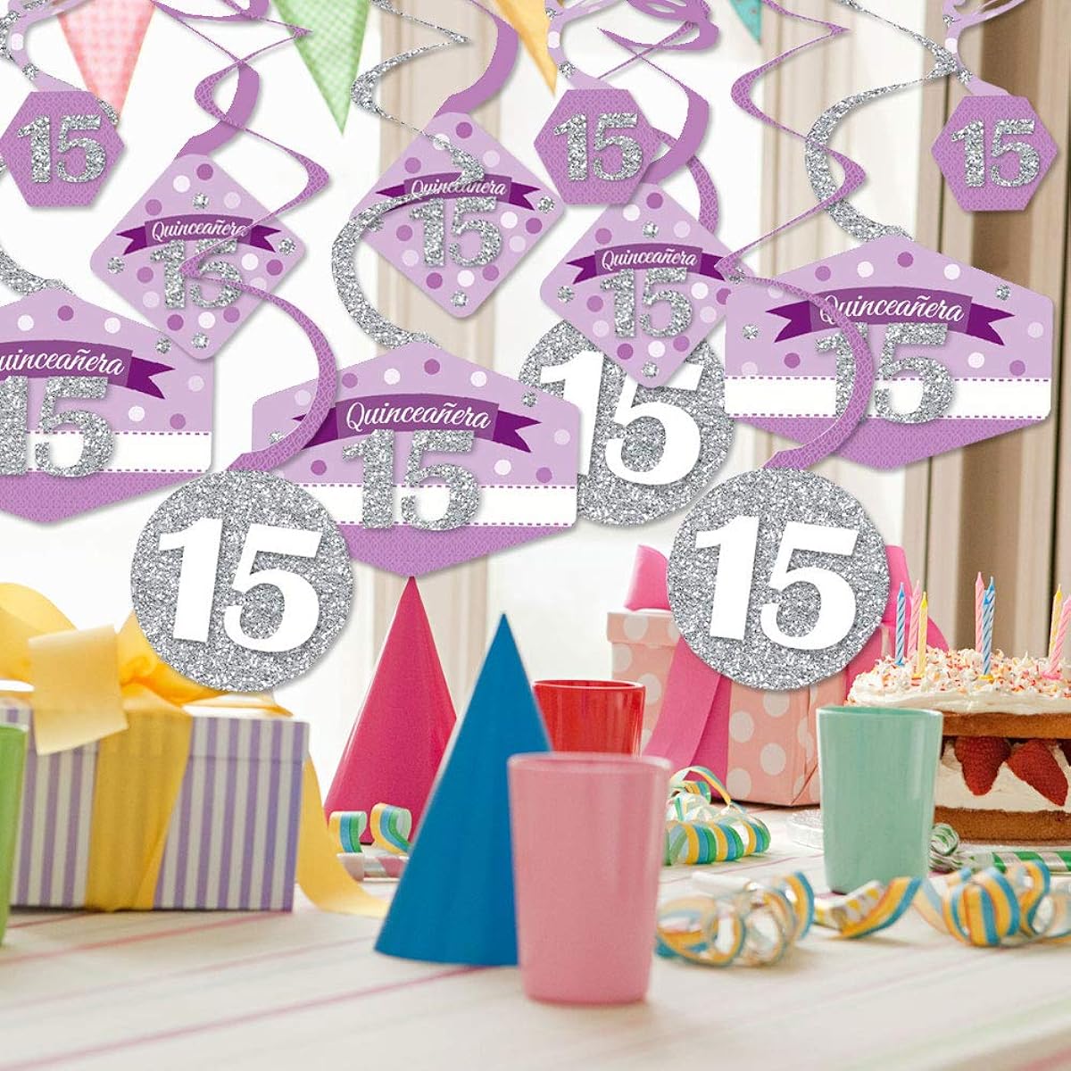Big Dot of Happiness Quinceanera Purple - Sweet 15 - Birthday Party Hanging Decorations - Party Decoration Swirls - Set of 40
