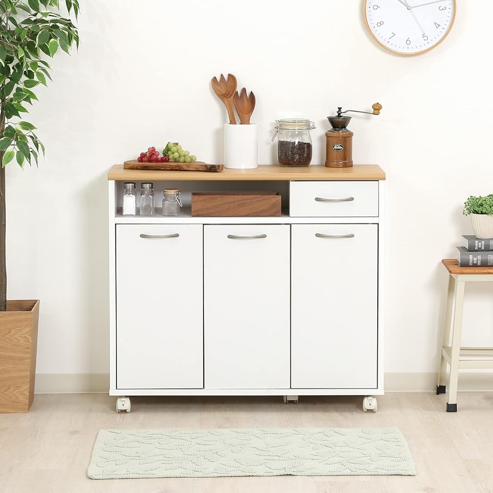 Fujiboeki Kitchen Counter Kitchen Storage Width 80 x Depth 29 x Height 70 cm White x Natural Cupboard with Casters Drawer Storage Wood Grain 86927