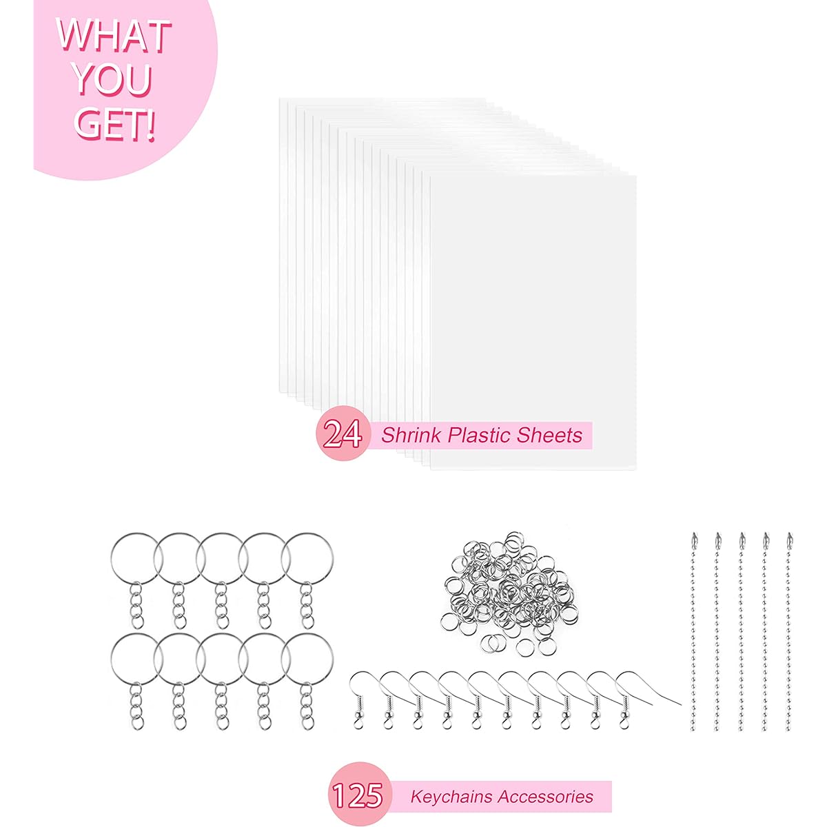 Warckon 149 Pieces Shrink Plastic Sheet Kit, 24 Pieces Shrinky Art Paper, 125 Pieces Keychain Accessories for Kids Creative Crafts