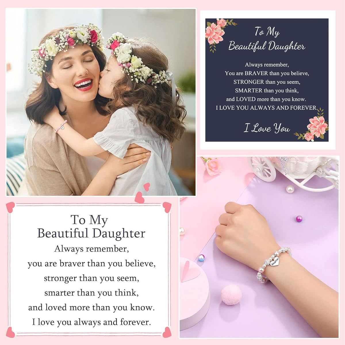 Sam & Molly Pink Pearl and Rhinestone Bracelet for Girls, Granddaughter, Niece, Birthday, Christmas, Easter Gift for Teen Girl, Daughter, Granddaughter, Niece